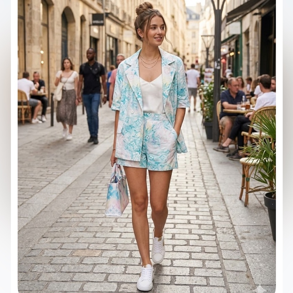 Elegant Pastel Patterned Blazer and Shorts Set